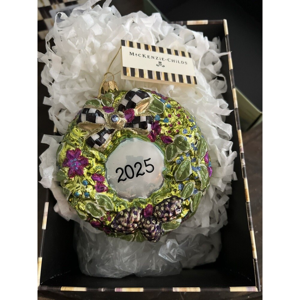 Mackenzie Childs 2025 Floral Wreath Glass Ornament New in Box